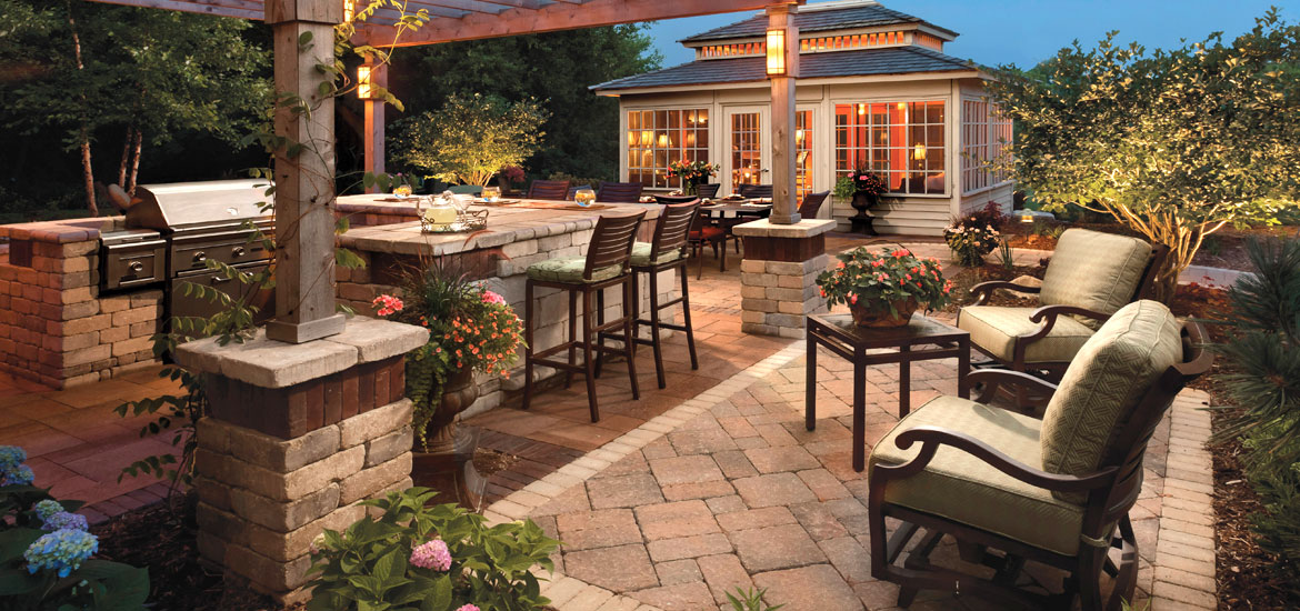 outdoor living installation, pavers,grill,patio furniture