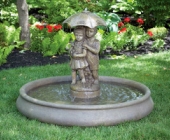 LARGE GIRL AND BOY UNDER UMBRELLA ON CLASSIC POOL FOUNTAIN WITH 36\
